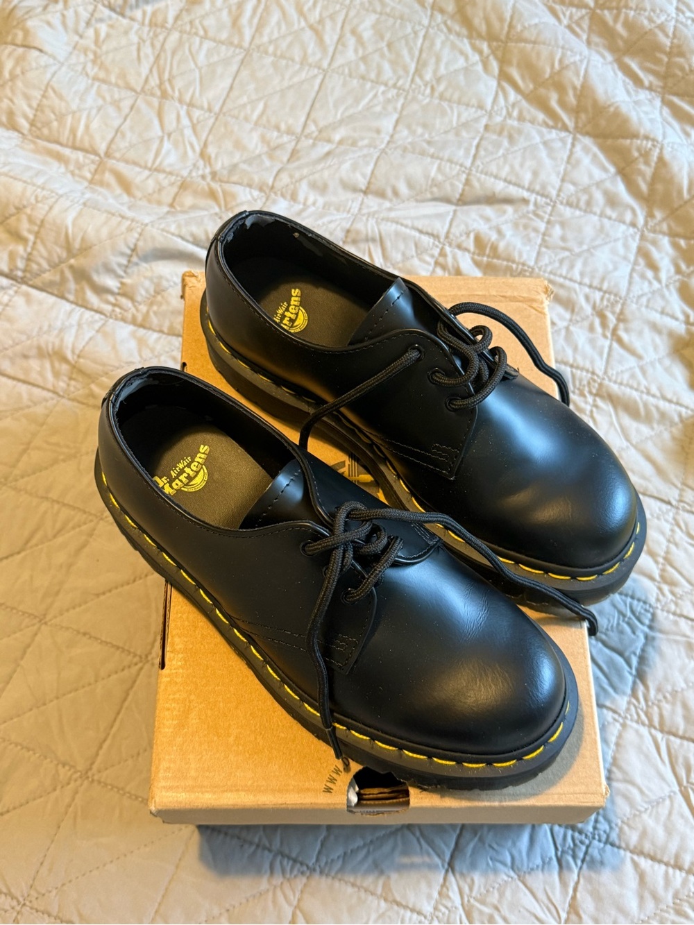 Dr. Martens 3-Eye Black Leather Shoes with Yellow Stitching